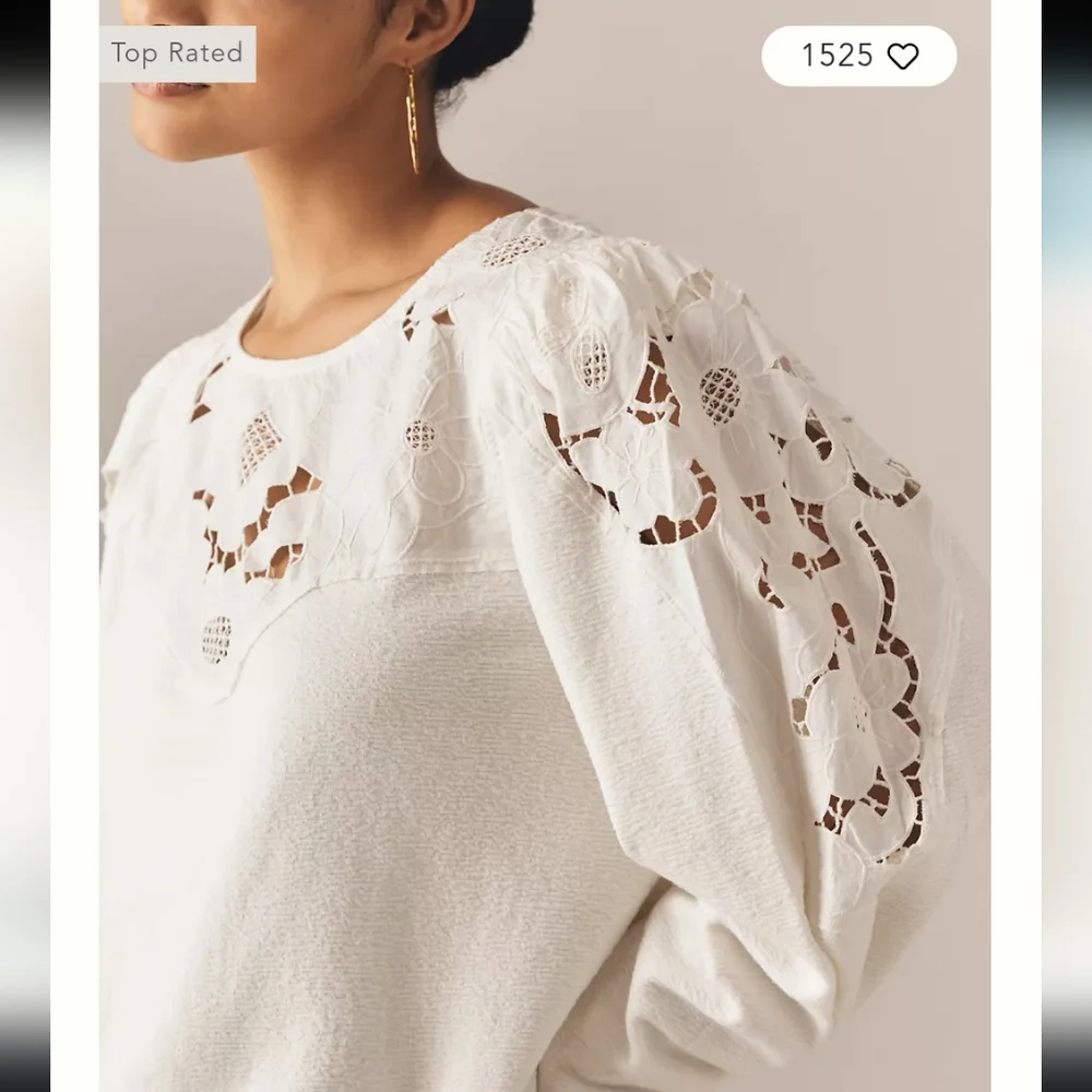Anthropologie Lace Cutwork Mutton-Sleeve Top, Size Large - Picture 7 of 12